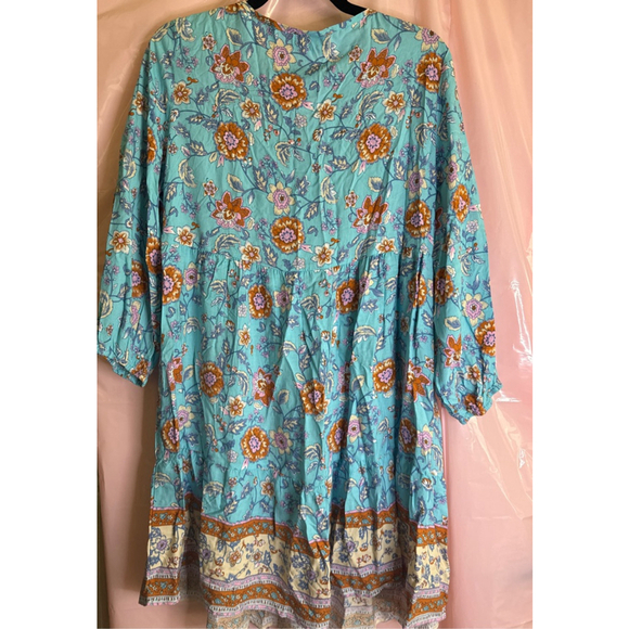 Women's ELINGS Teal Orange Floral Bohemian Mini Dress Size L - Picture 2 of 4
